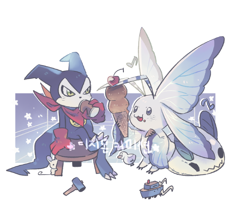 bandana, bandana_around_neck, butterfly_wings, colored_skin, digimon, digimon_(creature), fewer_digits, food, green_eyes, holding, holding_food, ice_cream_cone, impmon, insect_wings, morphomon, purple_skin, q_o_o_p_x, red_bandana, sitting, white_background, white_skin, wings