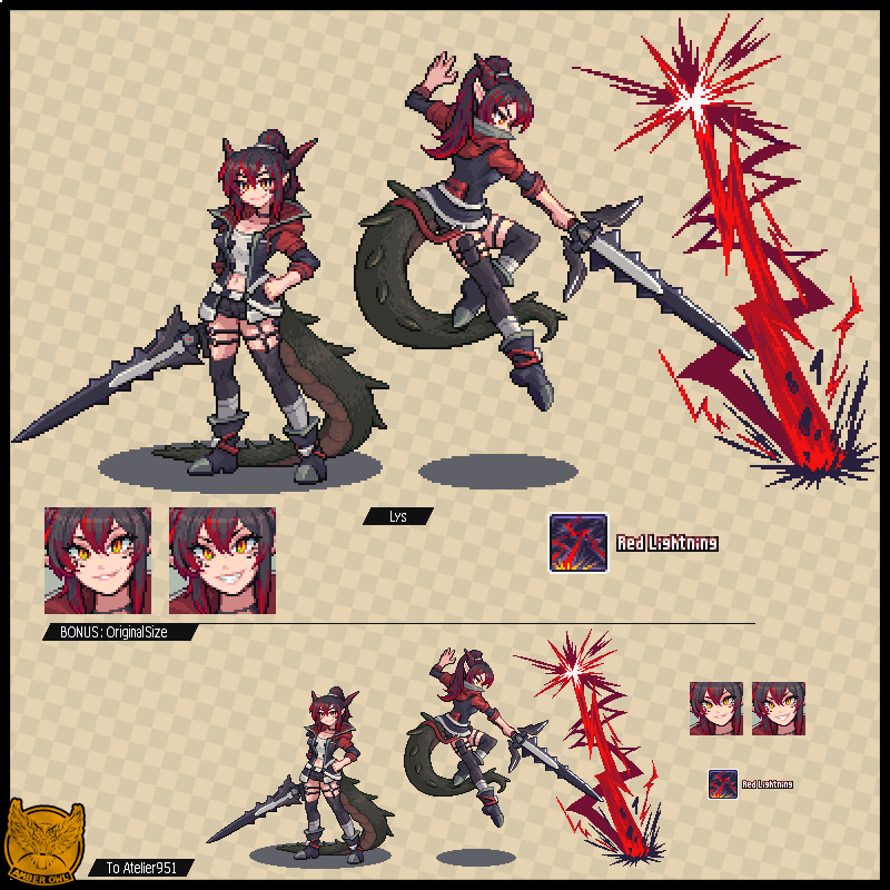 2girls, attack, black_hair, colored_tips, commission, dragon_girl, dragon_horns, dragon_tail, holding, holding_sword, holding_weapon, horns, jumping, lightning, lys_(atelier951), multicolored_hair, multiple_girls, pixel_art, red_lightning, rm_(amber_owl), skeb_commission, sword, tail, weapon, yellow_eyes
