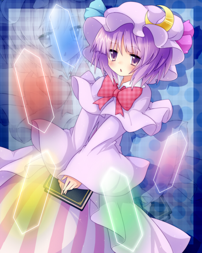 alternate_hairstyle, blush, book, bow, capelet, crescent, crescent_moon, hat