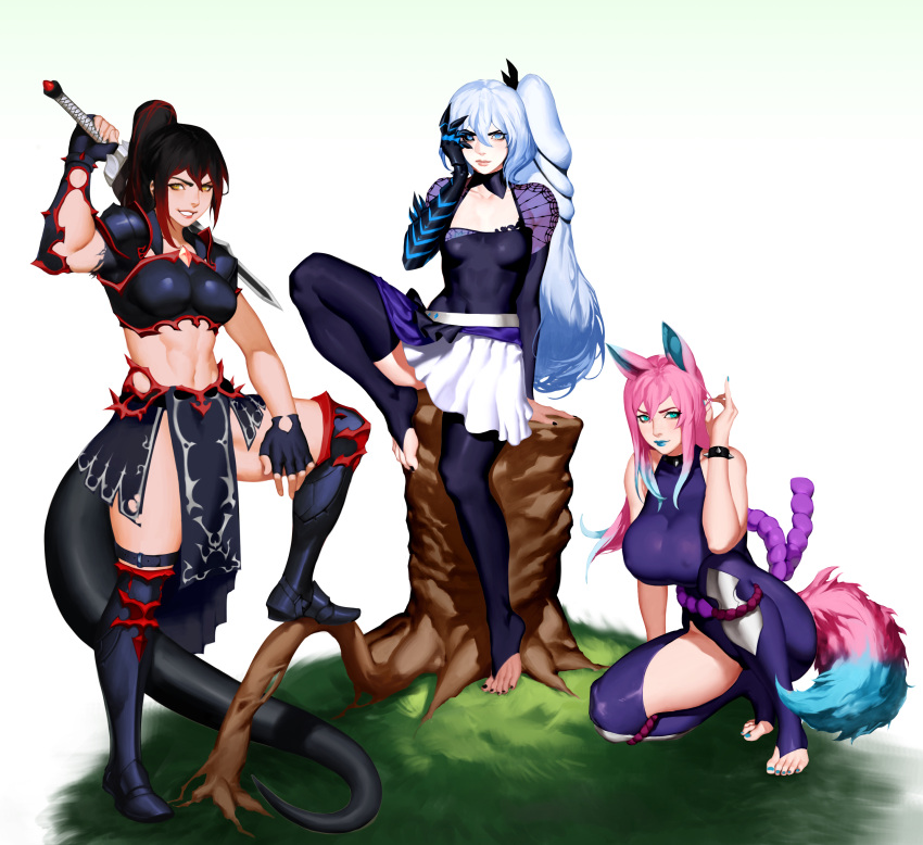 3girls, abs, absurdres, armor, black_hair, colored_tips, dragon_tail, eris_(atelier951)