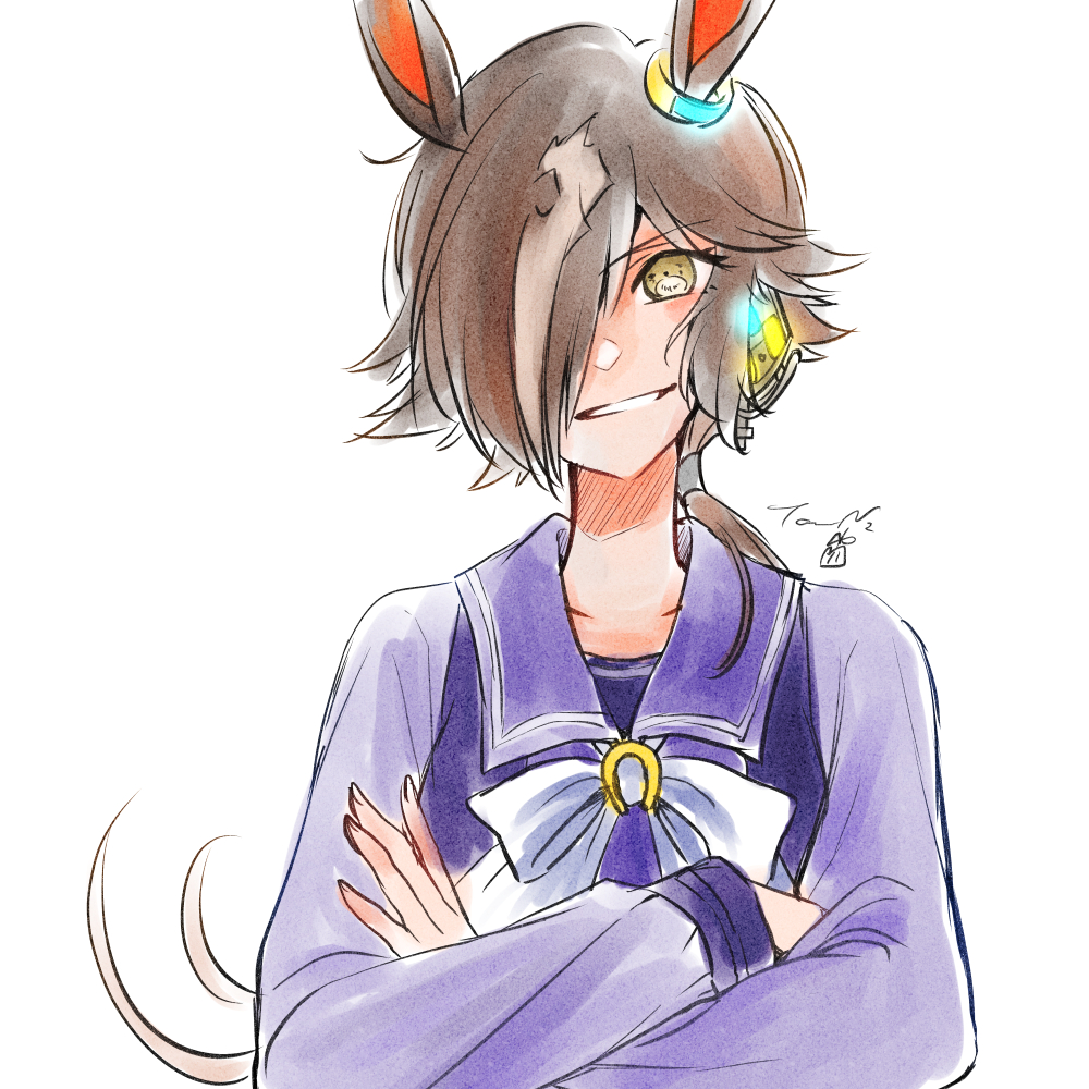 1girl, animal_ears, artist_logo, bow, bowtie, brown_hair, crossed_arms, ear_ornament, hair_over_one_eye, horse_ears, long_hair, long_sleeves, looking_at_viewer, low_ponytail, nishioki_tama, open_mouth, purple_shirt, sailor_collar, school_uniform, shirt, signature, simple_background, smile, solo, straight-on, tracen_school_uniform, umamusume, upper_body, vodka_(umamusume), white_background, yellow_eyes