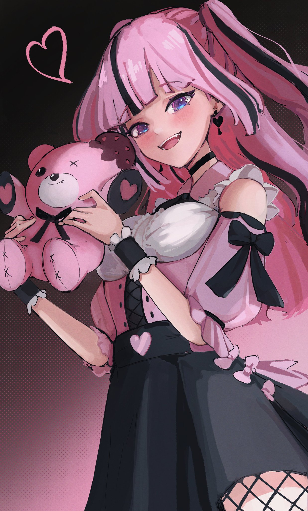 aikatsu!_(series), aikatsu_planet!, alternate_hair_color, ann_(aikatsu_planet!), black_hair, black_skirt, breasts, fangs