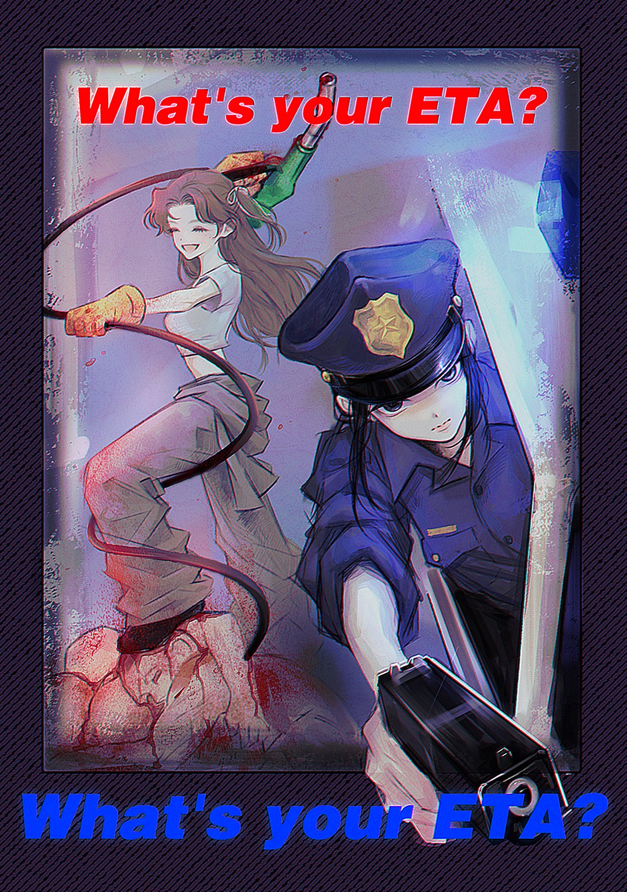 2girls, 926hrdn, baggy_pants, black_hair, blood_on_gloves, blue_hat, blue_shirt, brown_hair
