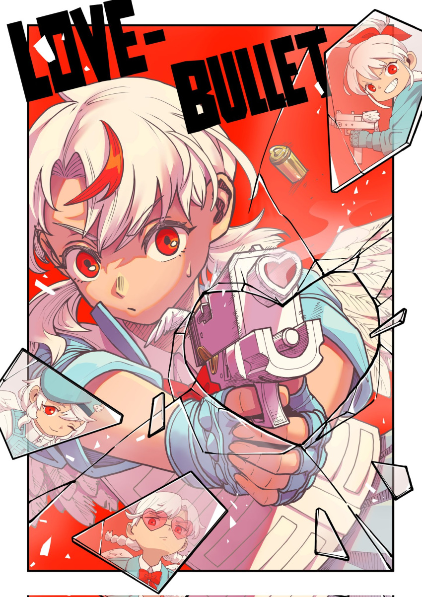 4girls, aiming, aiming_at_viewer, blue_gloves, border, bow, bowtie, braid