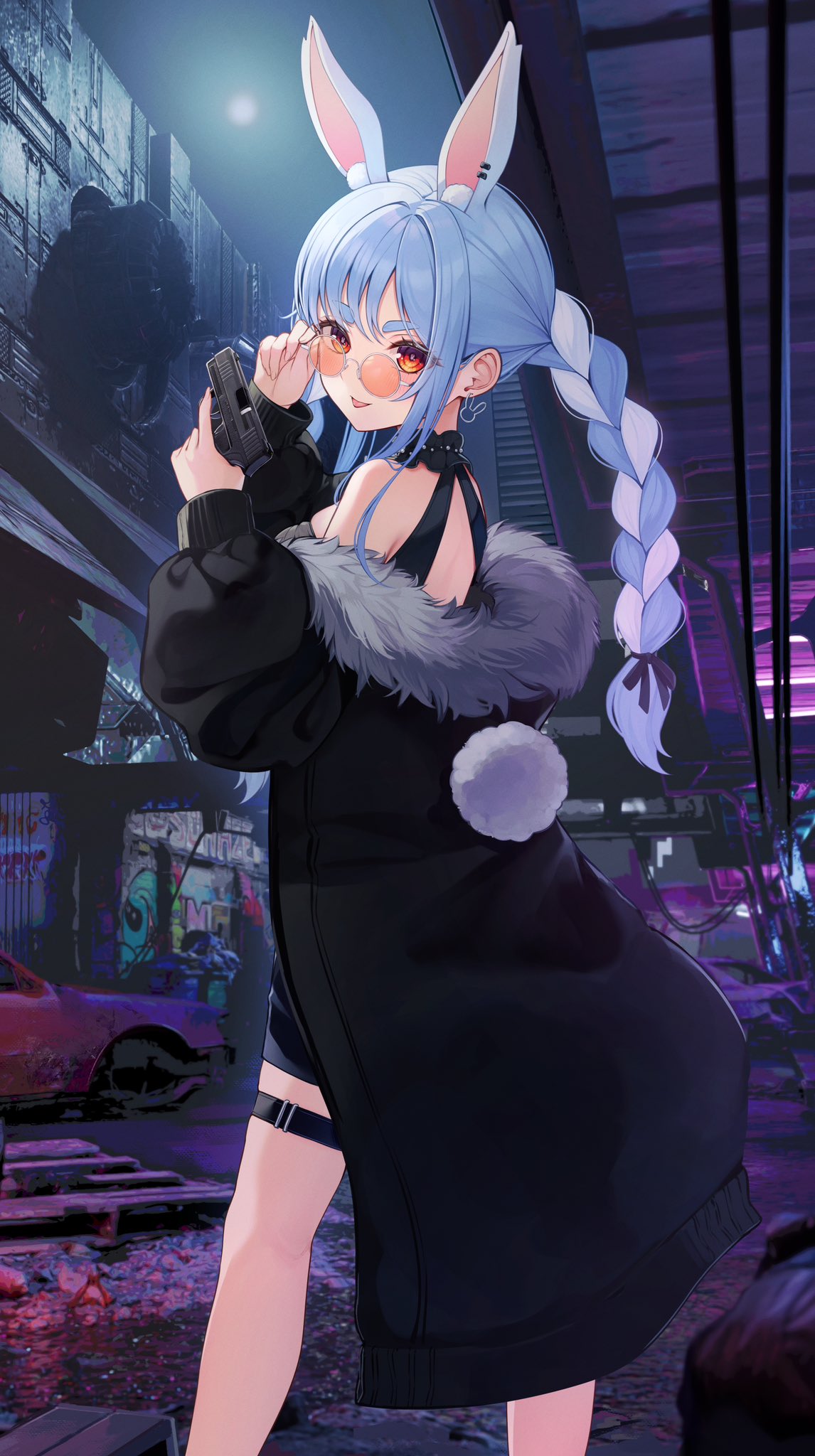 1girl, :p, adjusting_eyewear, alternate_costume, animal_ear_fluff, animal_ear_piercing, animal_ears, bare_shoulders