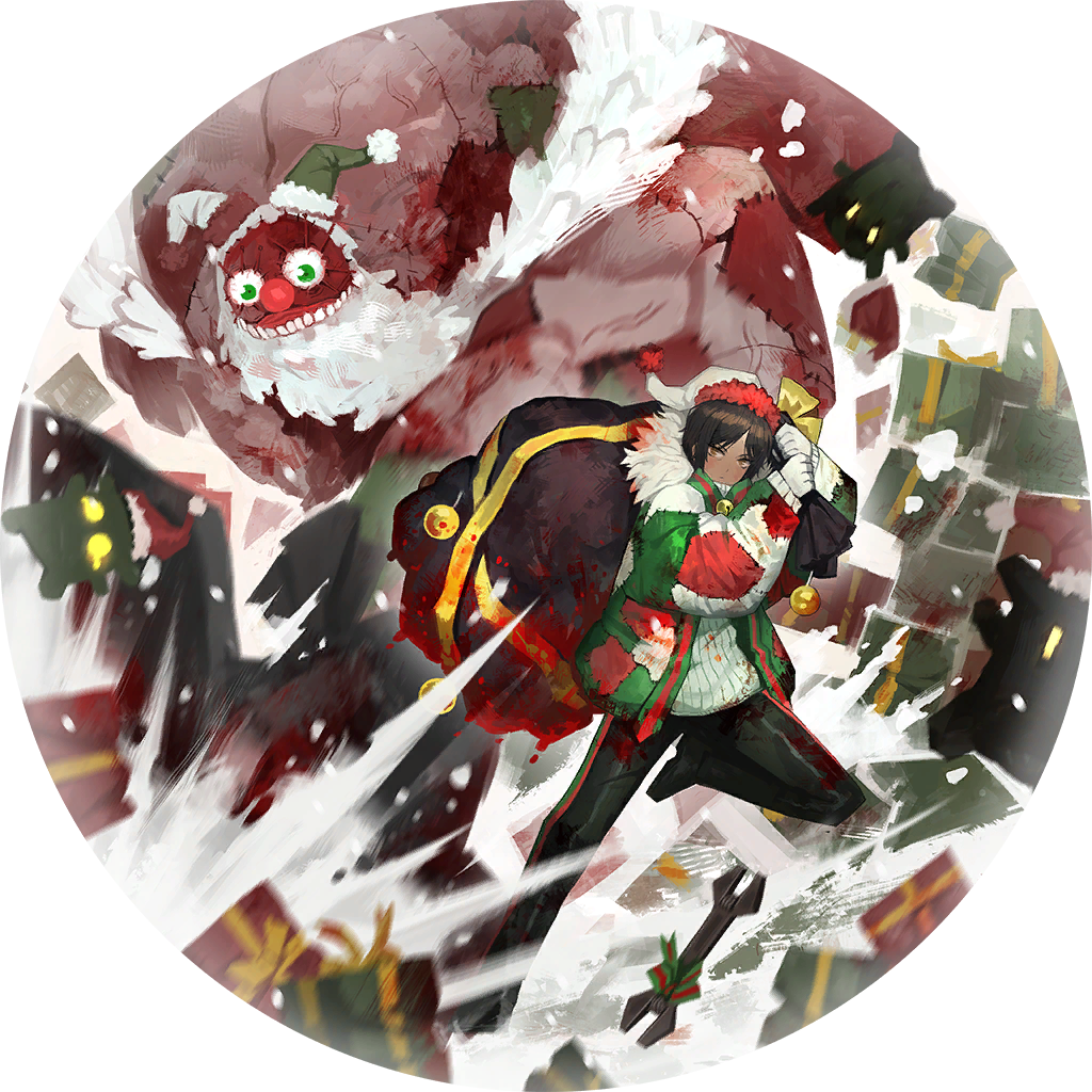 1girl, beard, bell, blood, blood_on_weapon, box, brown_hair, christmas, christmas_ornaments, christmas_sweater, coat, dark-skinned_female, dark_skin, e.g.o_(project_moon), facial_hair, fur_collar, game_cg, gift, gift_box, gloves, gnome_(project_moon), green_eyes, hat, holding, holding_sack, holiday_(e.g.o), limbus_company, nai_ga, official_art, outis_(project_moon), patchwork_clothes, patchwork_skin, project_moon, sack, sandolph_(project_moon), santa_hat, short_hair, solo_focus, weapon, white_gloves, wrench, yellow_eyes