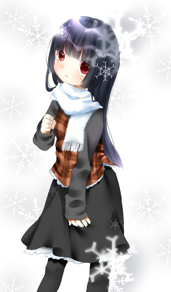 black_hair, gokou_ruri, long_hair, ore_no_imouto_ga_konna_ni_kawaii_wake_ga_nai, pantyhose, red_eyes, reina_(polypropylene), scarf, snowflakes