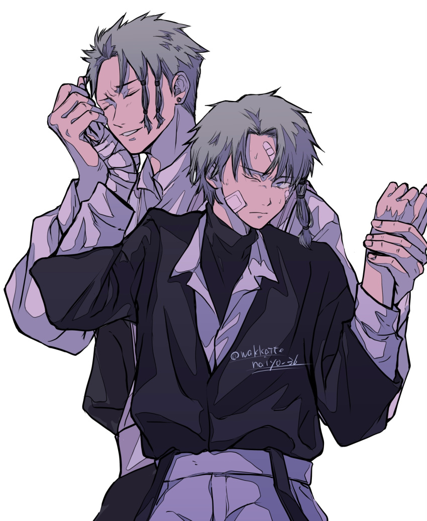 2boys, artist_name, bandages, bandaid, bandaid_on_face, black_shirt, brothers, closed_eyes