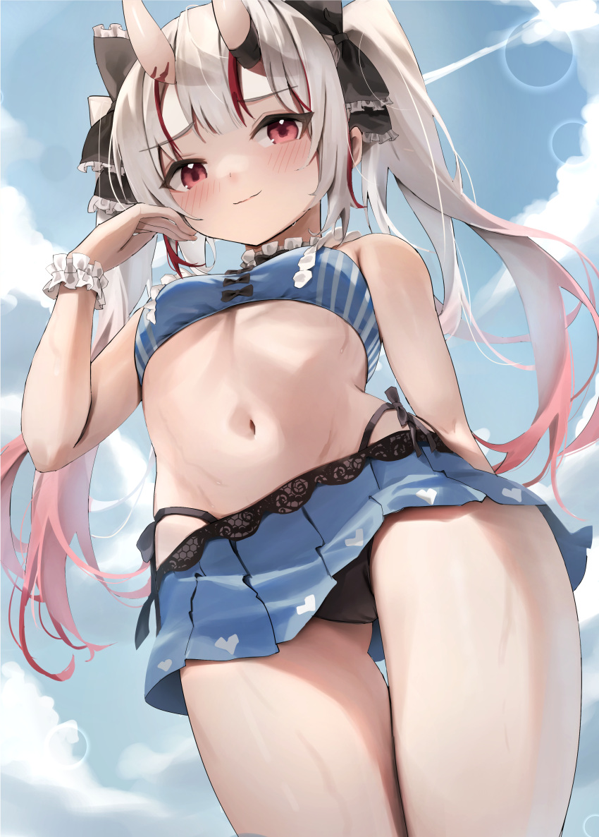 1girl, absurdres, bikini, bikini_skirt, blue_sky, breasts, clouds, cloudy_sky