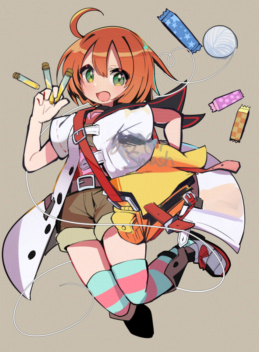 1girl, bag, brown_background, full_body, green_eyes, hand_up, highres, hirotaka_(hrtk990203)