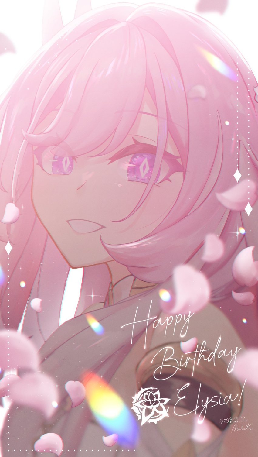 1girl, absurdres, character_name, commentary_request, diamond-shaped_pupils, diamond_(shape), elysia_(herrscher_of_human:_ego)_(honkai_impact), elysia_(honkai_impact)