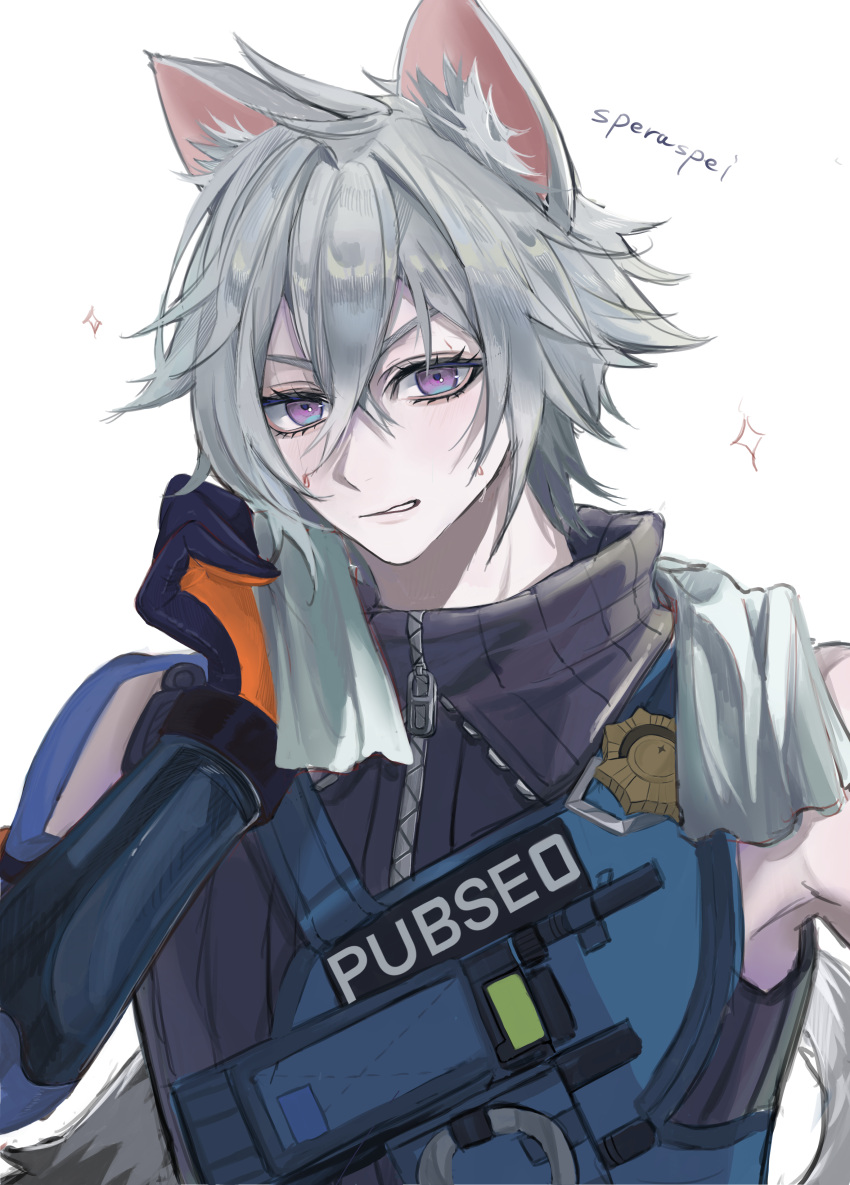 1boy, absurdres, animal_ears, cat_boy, cat_ears, cat_tail, gloves, hair_between_eyes, highres, jacket, police, police_badge, police_uniform, policeman, scar, scar_on_arm, seth_lowell, short_hair, sidelocks, simple_background, smile, stellaspei, tail, white_hair, zenless_zone_zero