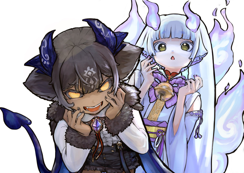 2girls, animal_ears, black_sclera, brown_hair, cape, colored_eyelashes, colored_sclera, commentary_request, debidebi_debiru, demon_girl, demon_horns, demon_tail, detached_sleeves, fangs, fiery_tail, highres, horns, japanese_clothes, kimono, long_hair, looking_at_viewer, lunlun_(nijisanji), multiple_girls, multiple_tails, naruta529, nijisanji, personification, shirt, short_hair, shorts, simple_background, tail, upper_body, white_background, white_hair, white_shirt, yellow_eyes