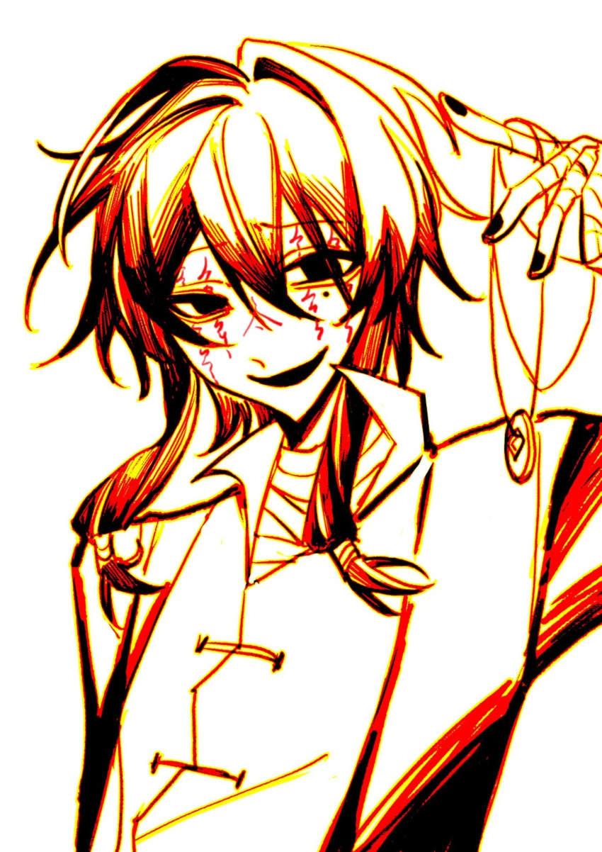 1boy, coin, coin_on_string, collared_shirt, facial_tattoo, hair_between_eyes, high_contrast, highres, holed_coin, jacket, male_focus, mole, mole_under_eye, monochrome, open_clothes, open_collar, open_jacket, open_mouth, rollzhumo, shirt, short_hair_with_long_locks, simple_background, smile, solo, tattoo, touqi_guaitan, white_background, ziche_fuzhao