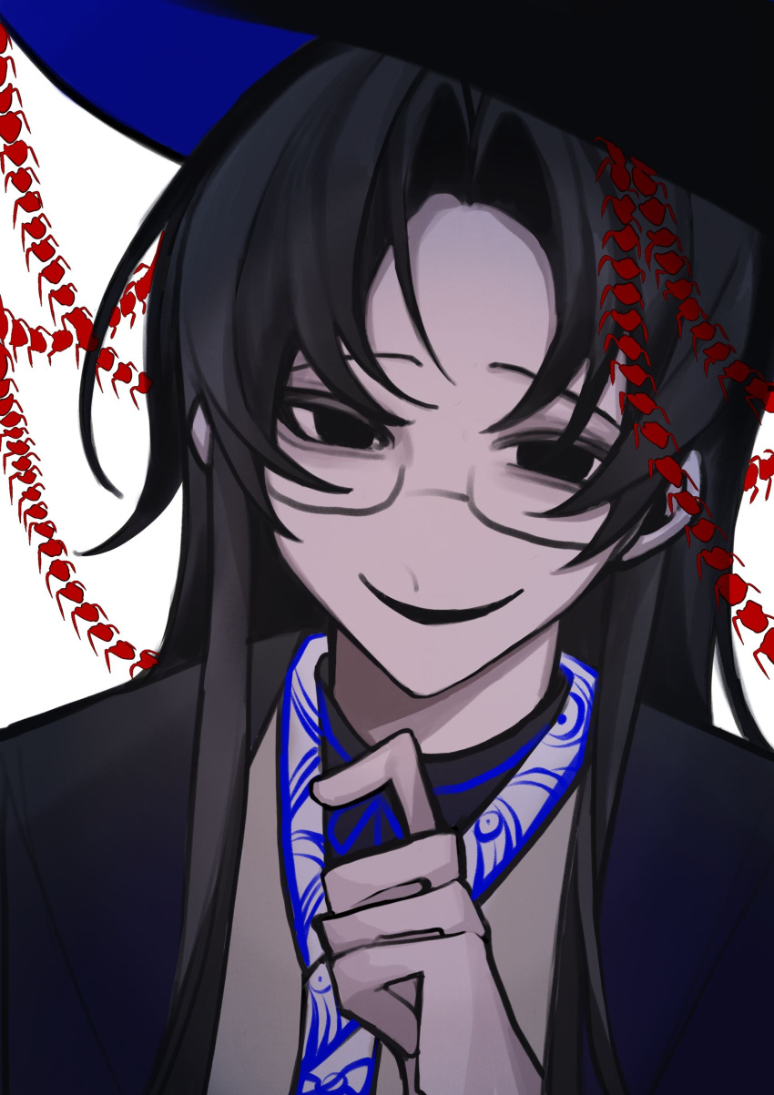 1boy, absurdres, black_hair, black_hat, black_jacket, chinese_clothes, curtained_hair, glasses