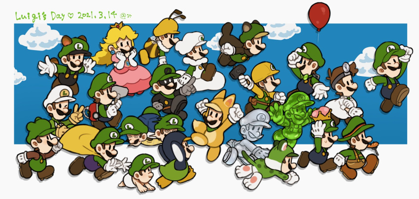 1boy, baby_luigi, balloon, bee_mario, blue_overalls, brown_hair, cat_luigi, cloud_luigi