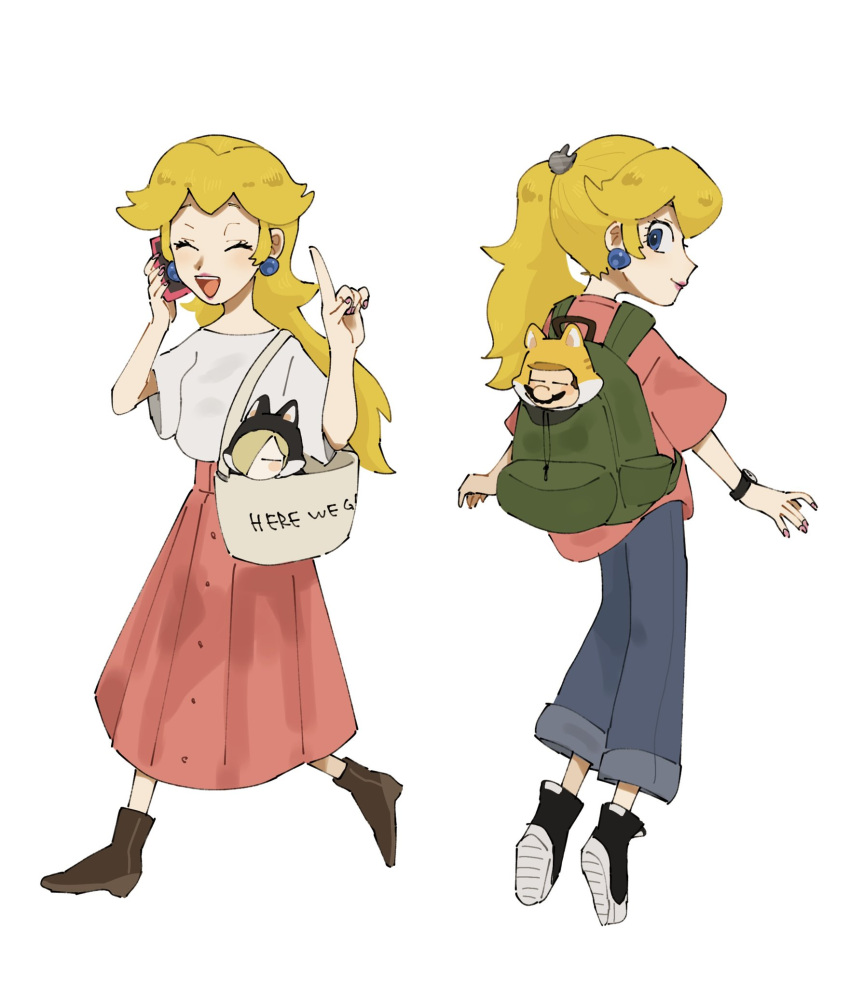 2girls, alternate_costume, bag, casual, cat_mario, cat_rosalina, denim, earrings