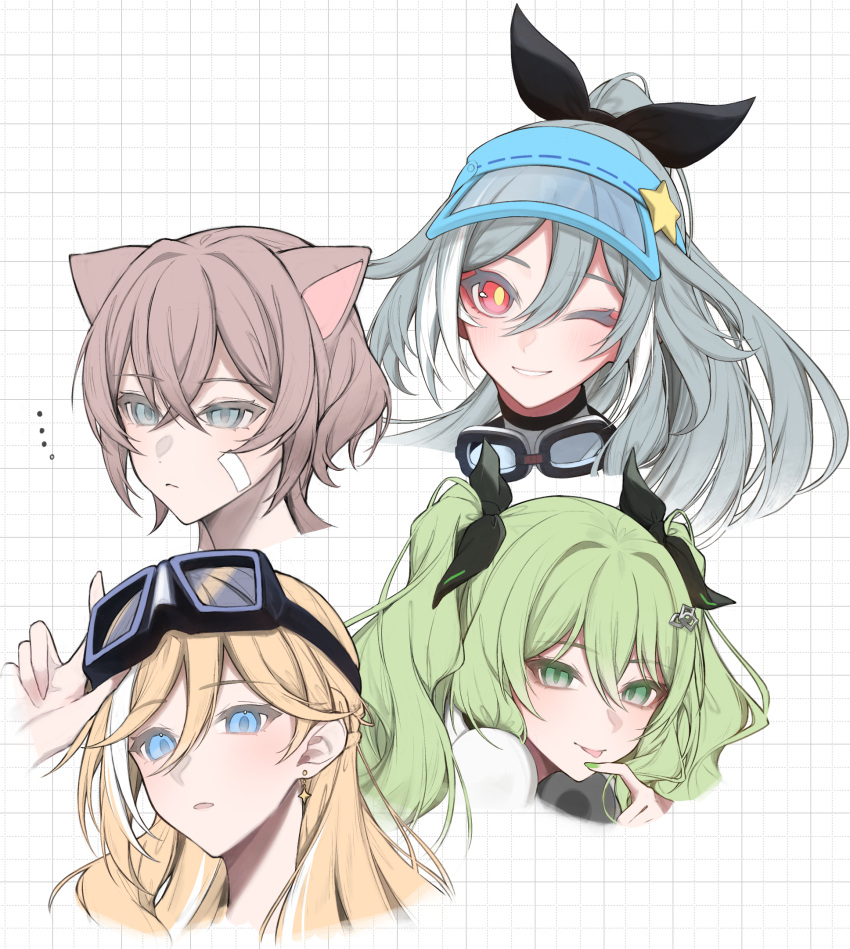 4girls, arm_up, black_ribbon, blonde_hair, brown_hair, durandal_(honkai_impact), fu_hua, fu_hua_(herrscher_of_sentience), fu_hua_(ooh!_summer!)_(herrscher_of_sentience), goggles, goggles_on_head, green_eyes, green_hair, green_nails, grey_eyes, grey_hair, grid_background, hair_between_eyes, hair_ribbon, highres, honkai_(series), honkai_impact_3rd, lantern_(honkai_impact), mobius_(honkai_impact), mobius_(razer)_(honkai_impact), multicolored_hair, multiple_girls, nail_polish, one_eye_closed, parted_lips, ponytail, portrait, red_eyes, ribbon, smile, streaked_hair, tongue, tongue_out, twintails, white_background, white_hair, yunomi_(yunomi_hs)