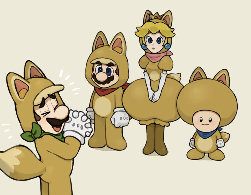 1girl, 3boys, blonde_hair, blue_toad_(mario), brown_hair, crown, earrings, facial_hair