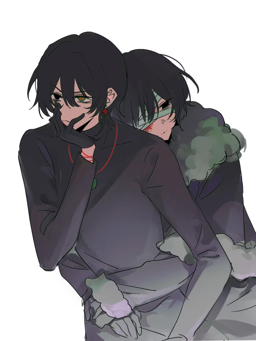 2boys, bandage_over_one_eye, black_capelet, black_eyes, black_gloves, black_hair, black_shirt, brothers, capelet, closed_mouth, fur-trimmed_capelet, fur-trimmed_sleeves, fur_trim, gloves, green_eyes, hair_between_eyes, hand_on_own_face, heterochromia, highres, hug, hug_from_behind, long_sleeves, male_focus, multiple_boys, naihe_(male)_(touqi_guaitan), poi_(krishnaflower02415), shirt, short_hair, siblings, simple_background, touqi_guaitan, white_background, wu_song_(male)_(touqi_guaitan)