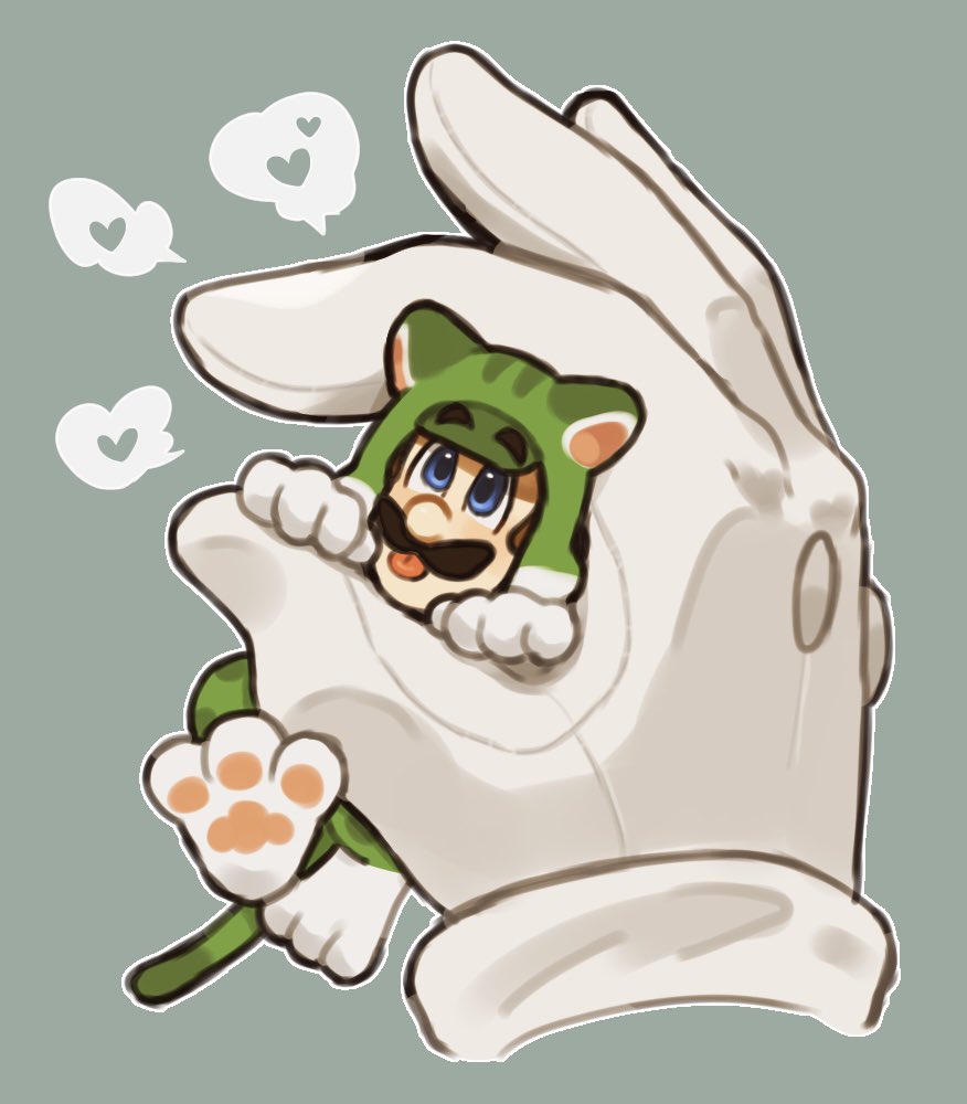 1boy, animal_costume, animal_ears, blue_eyes, brown_hair, cat_costume, cat_ears, cat_luigi, cat_tail, commentary, facial_hair, full_body, gloves, green_background, heart, luigi, male_focus, mimimi_(mimimim9999), mustache, short_hair, simple_background, speech_bubble, super_mario_3d_world, super_mario_bros., symbol-only_commentary, tail, white_gloves