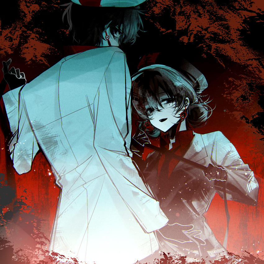 1boy, 1girl, absurdres, black_eyes, black_gloves, black_hair, black_hat, black_necktie, chinese_commentary, collared_shirt, colored_skin, commentary_request, dual_persona, earrings, gloves, hair_bun, hand_up, hat, highres, hoshi_otsuke, jacket, jewelry, li_yuting_(female), li_yuting_(male), long_sleeves, necktie, open_mouth, red_shirt, shirt, short_hair, single_hair_bun, single_hair_ring, smile, touqi_guaitan, white_hat, white_jacket, white_skin