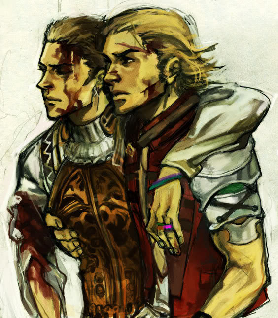 2boys, arm_around_neck, balflear, basch_fon_ronsenburg, belt, blonde_hair, blood, blood_on_face
