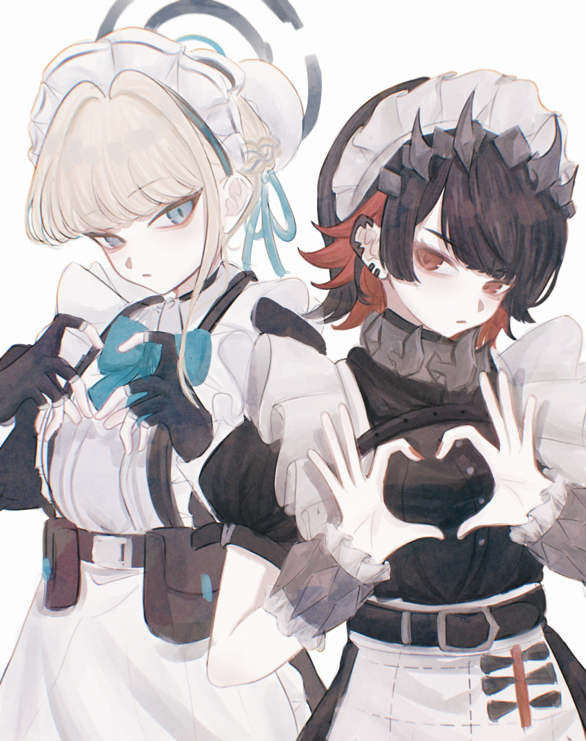 28ki_00, 2girls, 4-finger_heart_hands, absurdres, aqua_bow, aqua_bowtie, belt, black_gloves