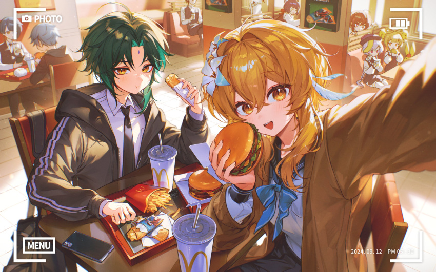 4boys, 4girls, black_hair, black_hood, black_jacket, black_necktie, blonde_hair, blue_bowtie