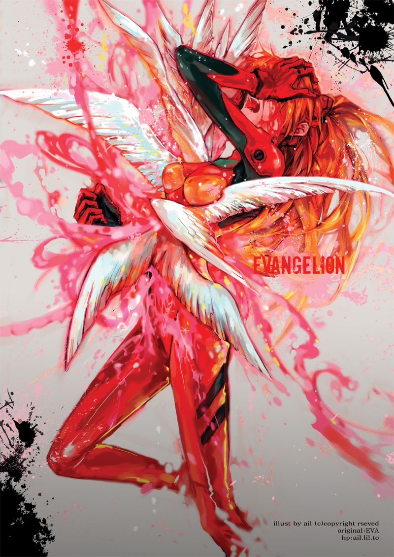 ail, bird, blood, long_hair, neon_genesis_evangelion, orange_hair, plugsuit, soryu_asuka_langley, souryuu_asuka_langley, wings