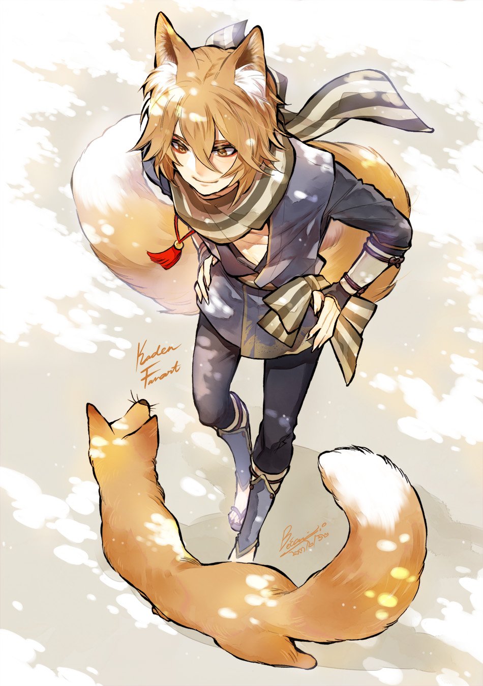 1boy, animal_ears, enissaceb, fire_emblem, fire_emblem_fates, fox, fox_boy, fox_ears, fox_tail, hands_on_own_hips, highres, kaden_(fire_emblem), kitsune, orange_hair, scarf, striped_clothes, striped_scarf, tail