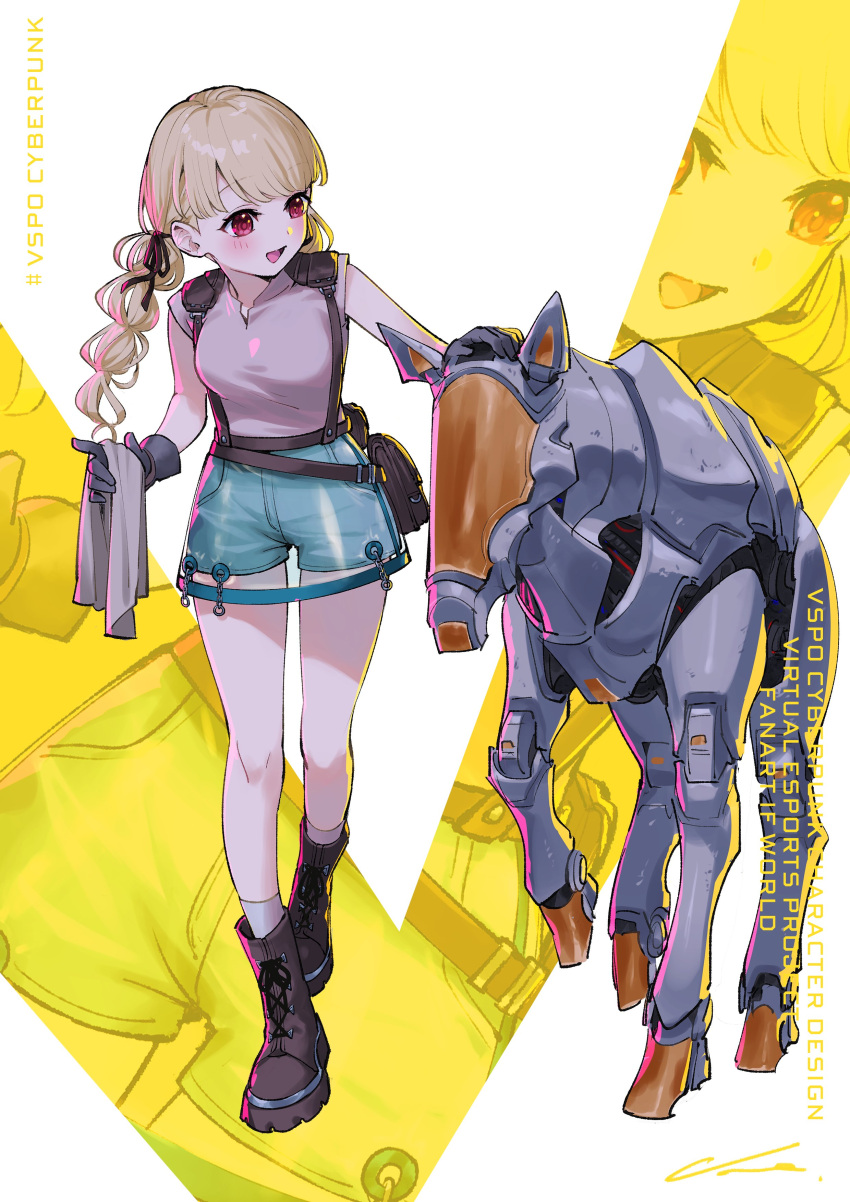 1girl, absurdres, belt_pouch, black_gloves, blonde_hair, blush, brown_footwear, chain