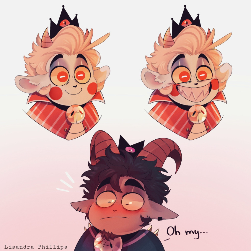 2boys, adam_(hazbin_hotel), blonde_hair, brown_hair, cult_of_the_lamb, furry, furry_male, goat_boy