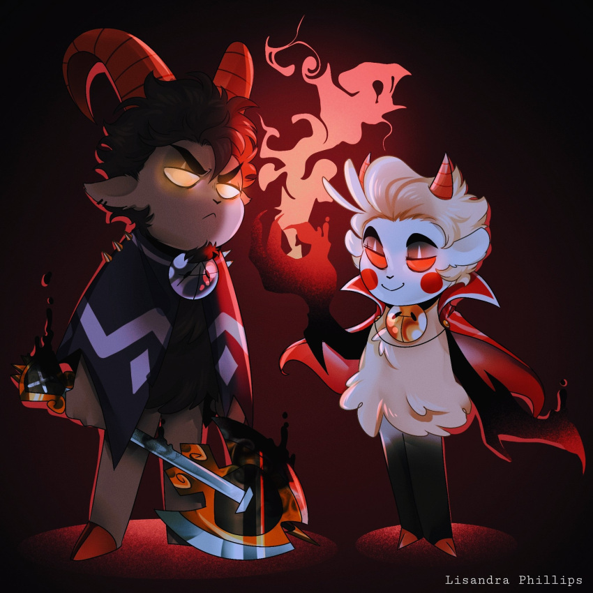 2boys, adam_(hazbin_hotel), blonde_hair, brown_hair, cult_of_the_lamb, furry, furry_male, goat_boy