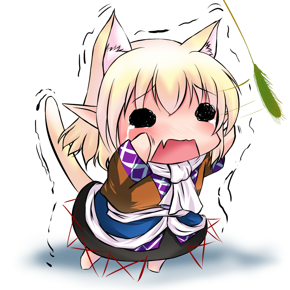 animal_ears, blonde_hair, cat_ears, cat_tail, cat_teaser, chibi, extra_ears, hoshizuki_(seigetsu), kemonomimi_mode, minigirl, mizuhashi_parsee, pointy_ears, puru-see, scarf, seigetu, short_hair, solo, tail, tears, touhou, trembling