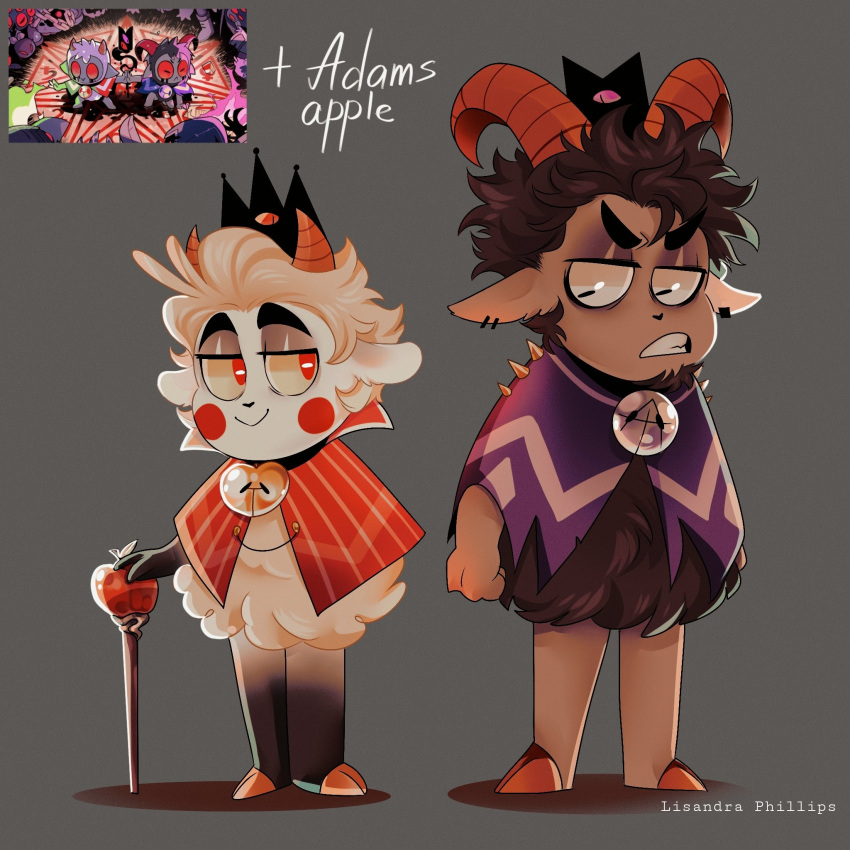 2boys, adam_(hazbin_hotel), blonde_hair, brown_hair, cult_of_the_lamb, furry, furry_male, goat_boy