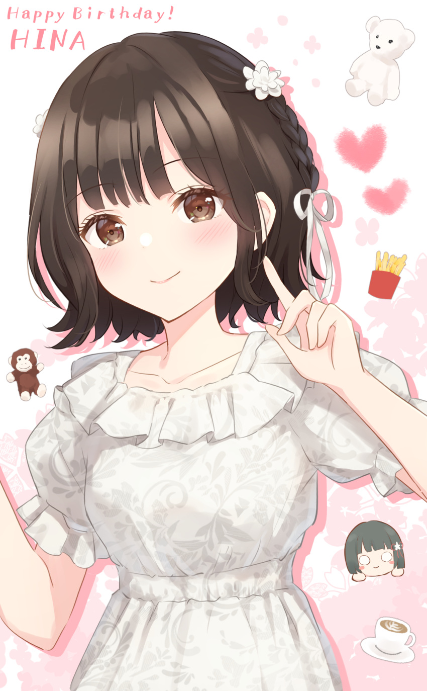 1girl, black_hair, blunt_bangs, blunt_ends, braid, breasts, brown_eyes, brown_hair