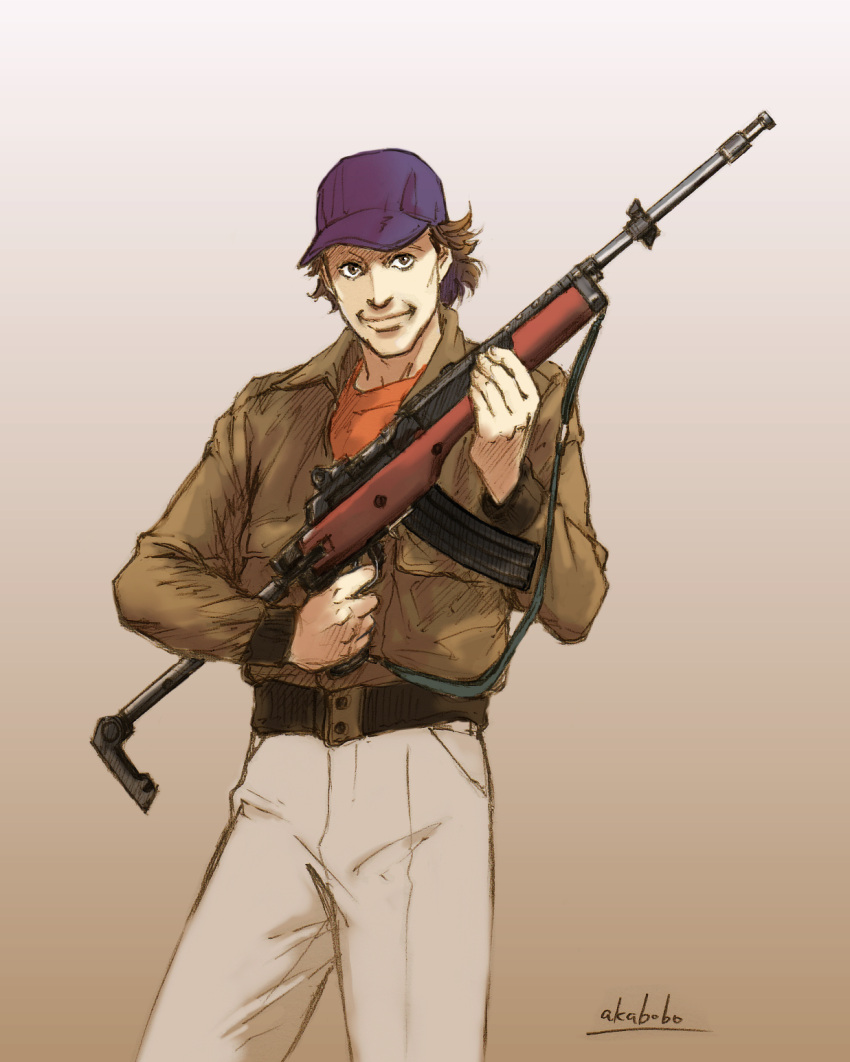 assault_rifle, brown_eyes, brown_hair, gun, h.m._"howling_mad"_murdock, highres, jacket, mini-14