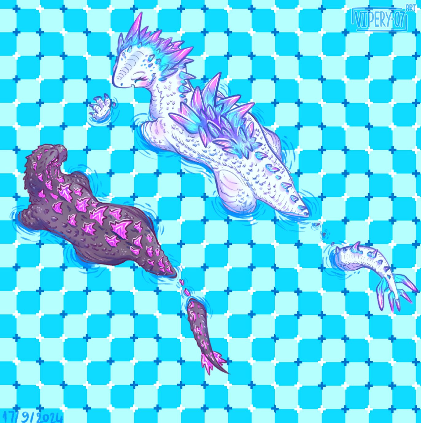 blue_background, full_body, godzilla, godzilla_(series), godzilla_x_kong:_the_new_empire, highres, king_kong_(series), monster, monsterverse, no_humans, primrose_field_illusion, shimo_(monsterverse), swimming, vipery_07art