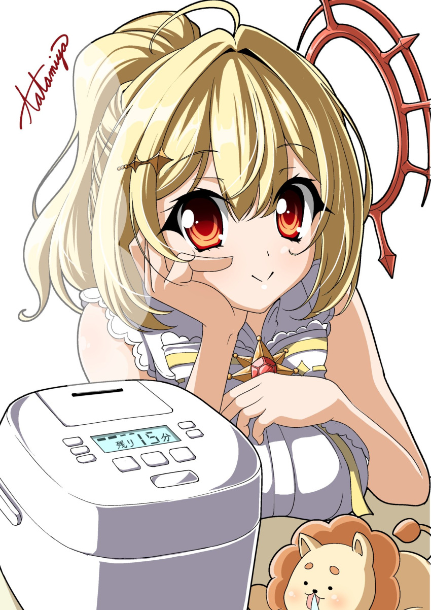 1girl, :>, ahoge, blonde_hair, blush, bow, bowtie, breasts