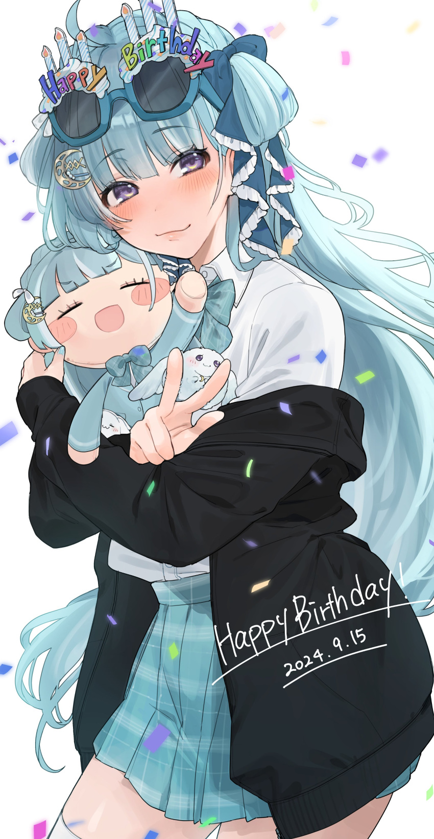 1girl, :3, absurdres, amaui, arizou_haishin, black_jacket, blue-framed_eyewear, blue_bow