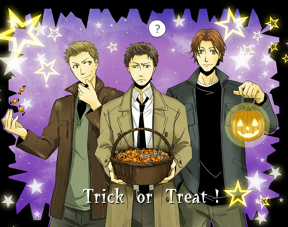 ?, arufa@kara, arufa@sora, basket, brothers, brown_eyes, brown_hair, candy, castiel, coat, dean_winchester, facial_hair, halloween, jack-o'-lantern, multiple_boys, necktie, pumpkin, sam_winchester, siblings, star, stars, stubble, supernatural, supernatural_(tv_series), trick_or_treat