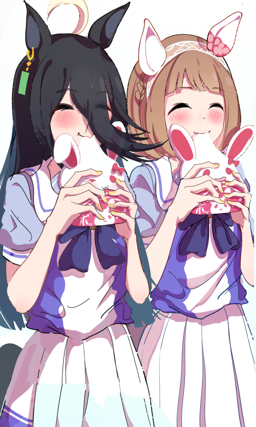 absurdres, ahoge, animal_ears, black_hair, breasts, brown_hair, closed_eyes, closed_mouth, eating, food, hair_between_eyes, hair_ornament, headband, highres, horse_ears, horse_girl, manhattan_cafe_(umamusume), medium_breasts, school_uniform, sll80jodo758038, small_breasts, smile, tracen_school_uniform, umamusume, white_background, yukino_bijin_(umamusume)