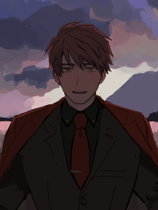 1boy, backlighting, black_shirt, clouds, cloudy_sky, collared_shirt, diavolo_(obey_me!), dusk, icchii_(07290424), jacket, jacket_on_shoulders, looking_at_viewer, male_focus, necktie, obey_me!:_one_master_to_rule_them_all!, official_alternate_costume, open_mouth, outstretched_arms, red_jacket, red_necktie, redhead, shirt, short_hair, sky, smile, suit, suit_jacket, swept_bangs, tie_clip, upper_body, wispy_bangs, yellow_eyes