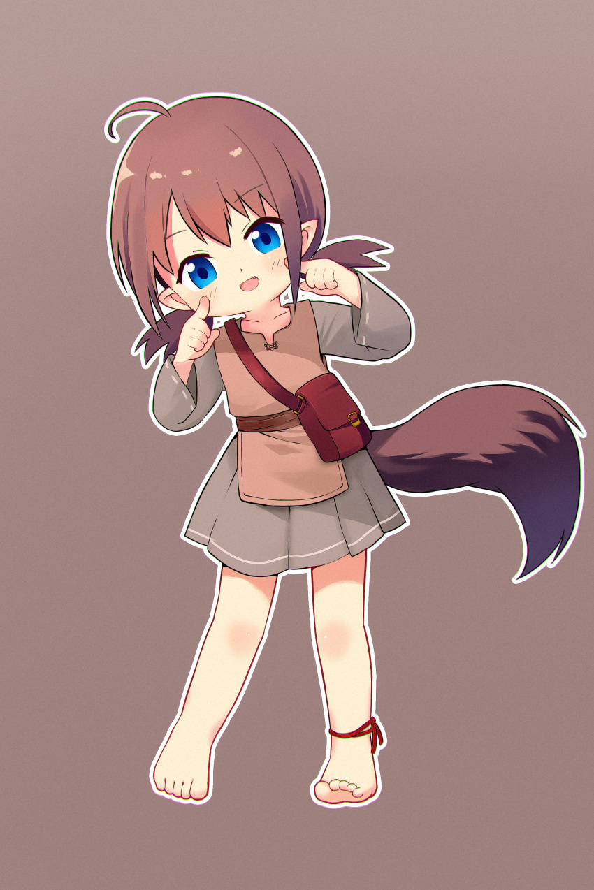 1girl, :d, absurdres, ahoge, barefoot, blue_eyes, brown_background, brown_hair