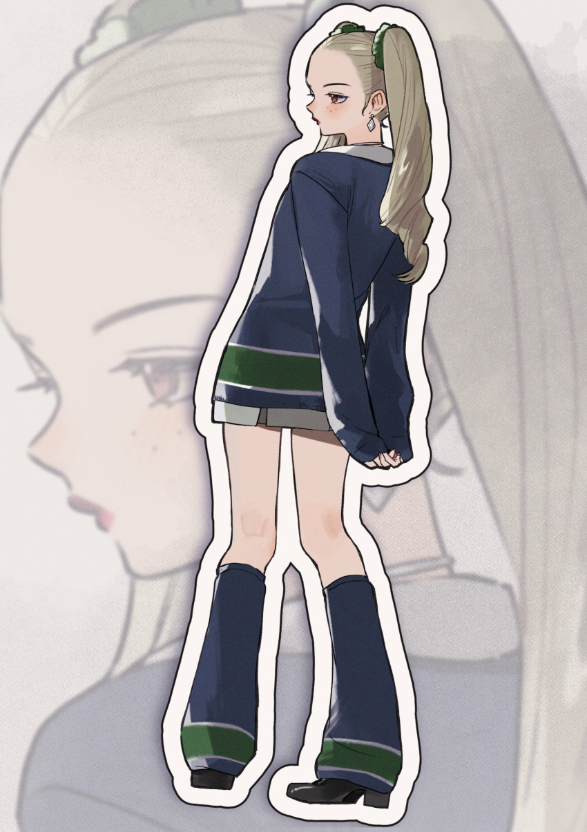 1girl, ayase_yuka, blonde_hair, blush, brown_eyes, closed_mouth, earrings, full_body