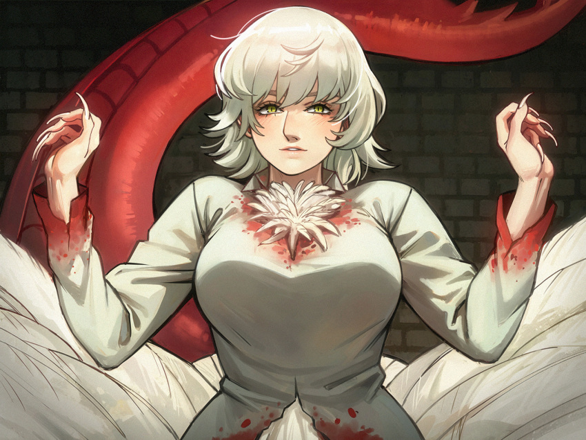 1girl, adelheid_(moschiola), blonde_hair, breasts, brick_wall, chimera, claws, commentary