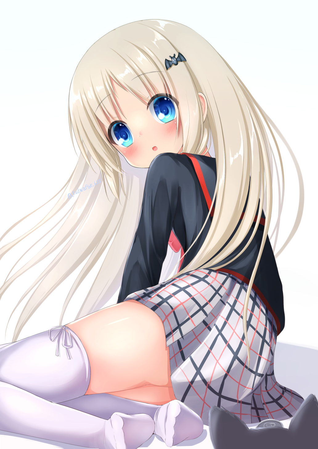 1girl, bat_hair_ornament, blue_eyes, blush, breasts, cat, commentary_request, hair_ornament