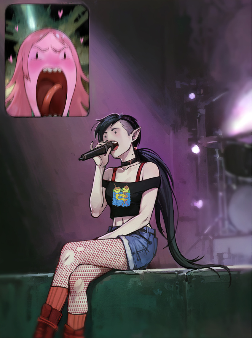 2girls, adelheid_(moschiola), adventure_time, asymmetrical_hair, black_choker, black_hair, blurry, blush