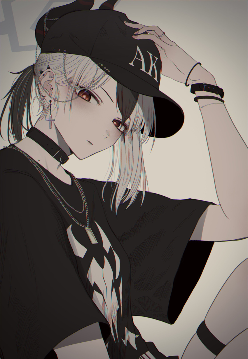1girl, absurdres, alternate_costume, arm_belt, baseball_cap, belt_collar, black_hat, black_shirt